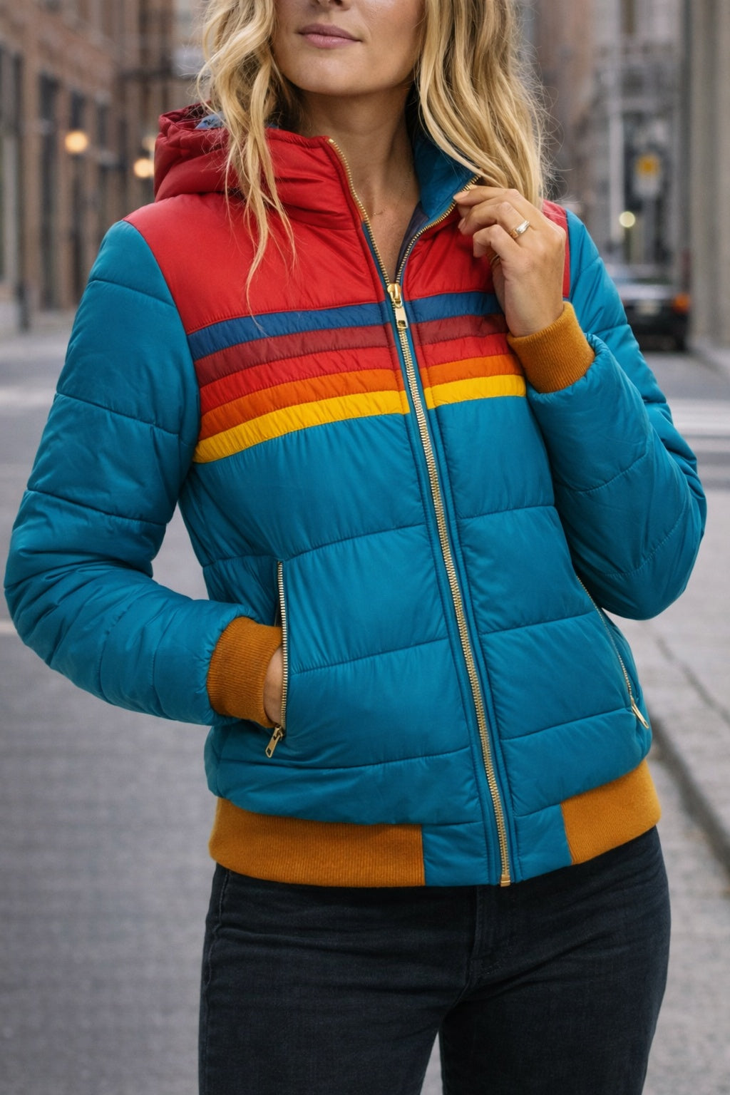 Carolina | Casaco Acolchoado Bomber Mulher Riscas Retro com Capuz