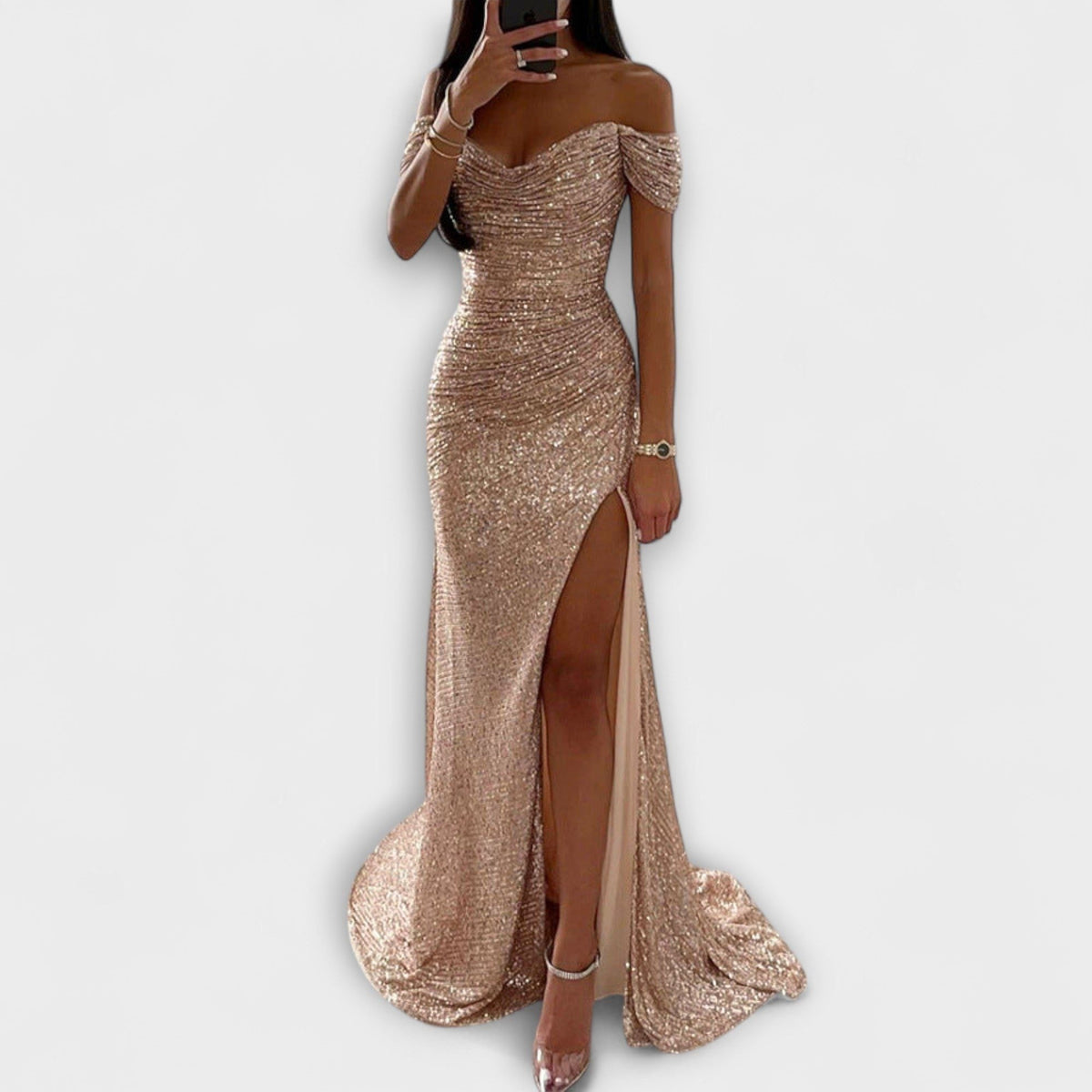 Persephone | Women's Off Shoulder Sequin Holiday Party Dress with Slit