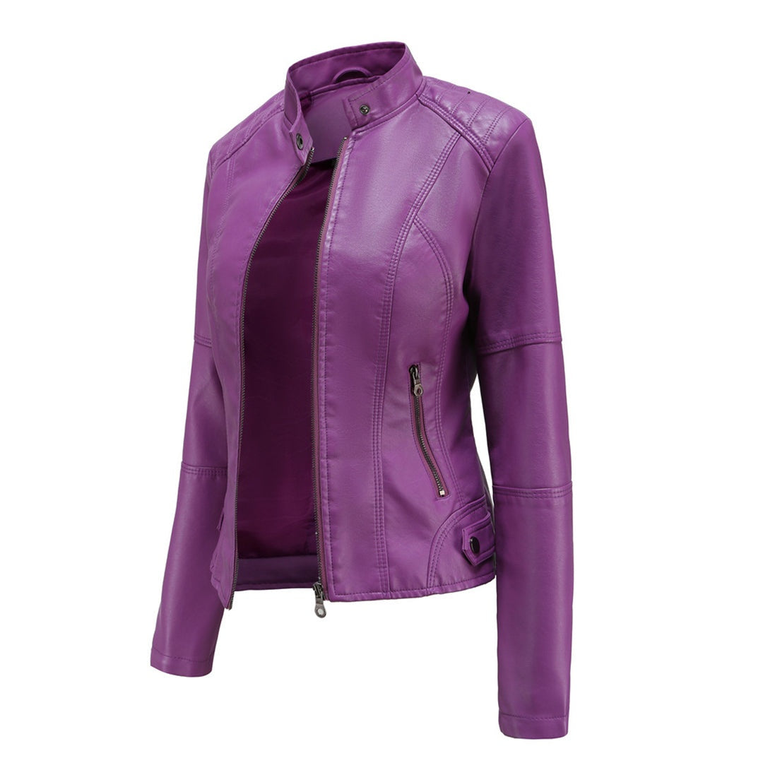 Vanessa | Casaco de Couro Mulher Biker Gola Mandarim