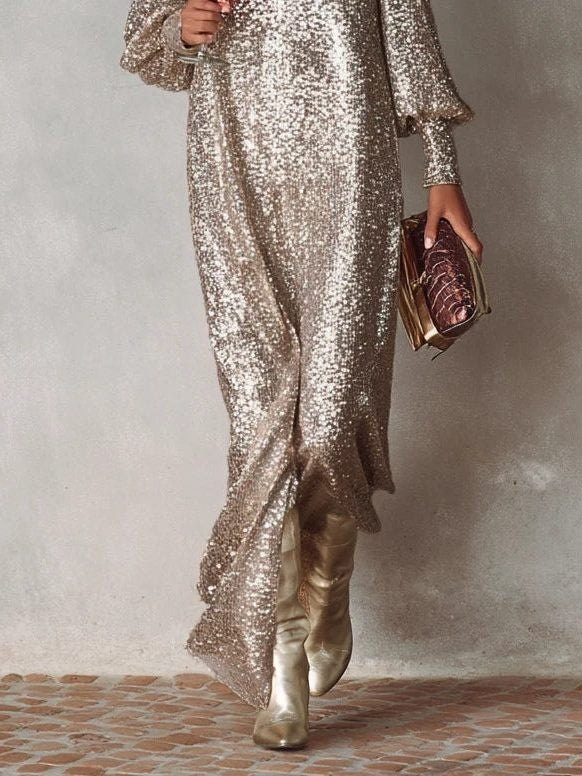 Winifred | Women's Sequin Holiday Party Dress Long Sleeve Maxi