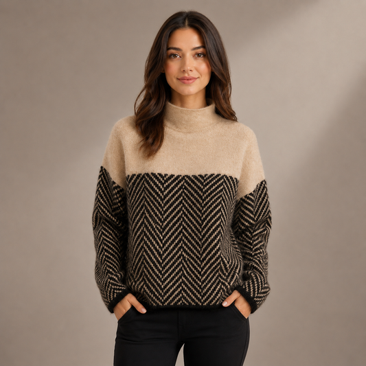 Camisola de Senhora com Gola Alta e Padrão Chevron