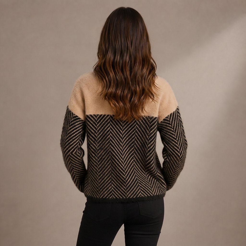 Camisola de Senhora com Gola Alta e Padrão Chevron