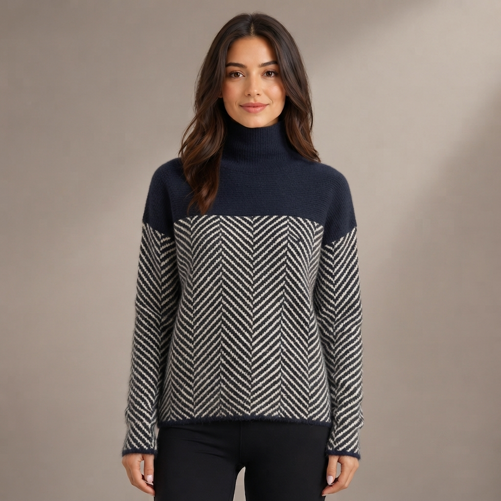 Camisola de Senhora com Gola Alta e Padrão Chevron