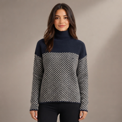 Camisola de Senhora com Gola Alta e Padrão Chevron