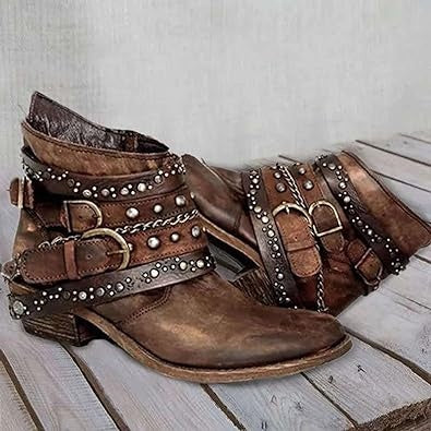Nicole | Women's Western Ankle Cowboy Boots Biker Buckles Rivets