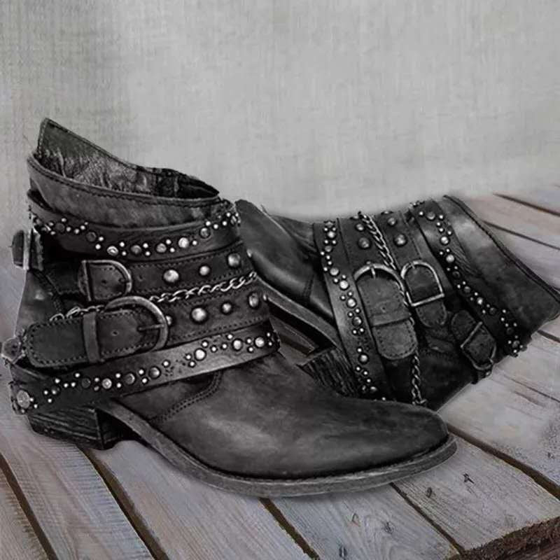 Nicole | Women's Western Ankle Cowboy Boots Biker Buckles Rivets