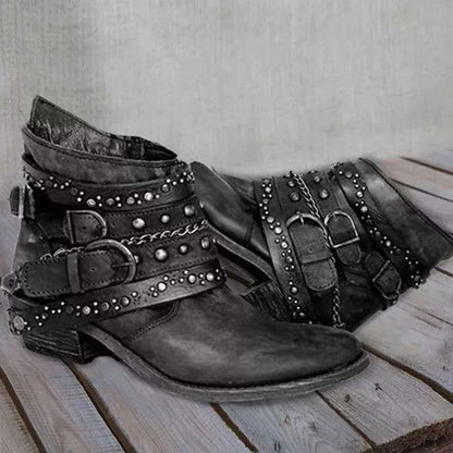 Nicole | Women's Western Ankle Cowboy Boots Biker Buckles Rivets