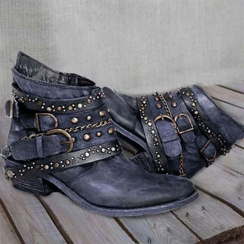 Nicole | Women's Western Ankle Cowboy Boots Biker Buckles Rivets