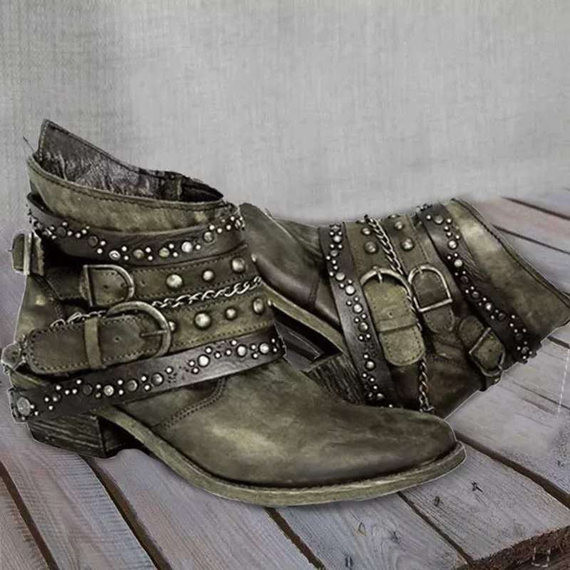 Nicole | Women's Western Ankle Cowboy Boots Biker Buckles Rivets