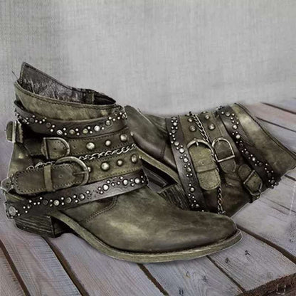 Nicole | Women's Western Ankle Cowboy Boots Biker Buckles Rivets
