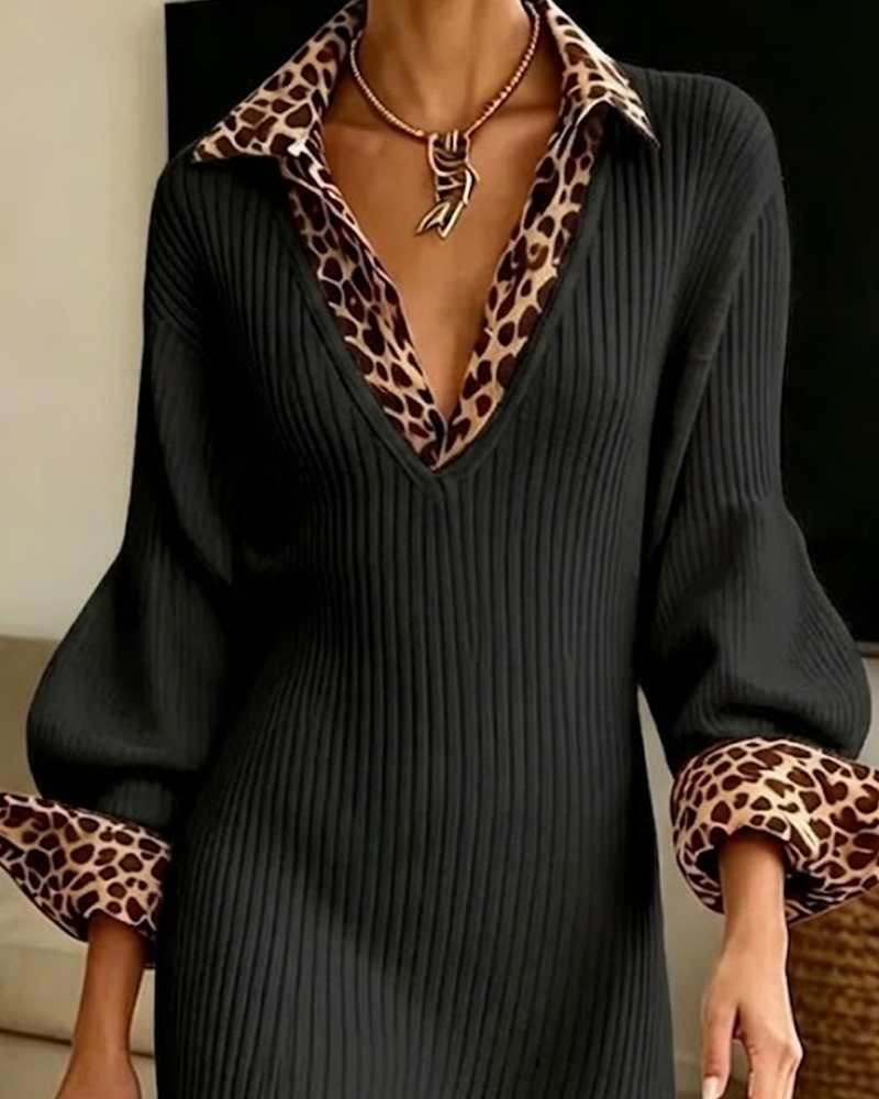 Beatrix | Women's Winter Sweater Dress Long Sleeve Mini Leopard Print