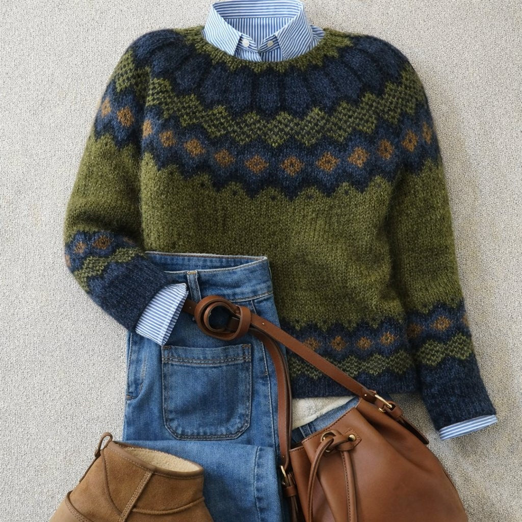 Bruna | Camisola de Lã Mulher Padrão Fair Isle Gola Redonda