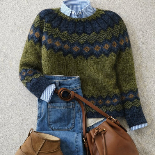 Bruna | Camisola de Lã Mulher Padrão Fair Isle Gola Redonda