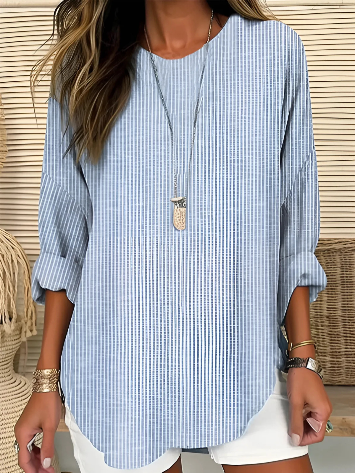 Carolina | Blusa de Riscas Verticais Mulher Manga Comprida Gola Redonda