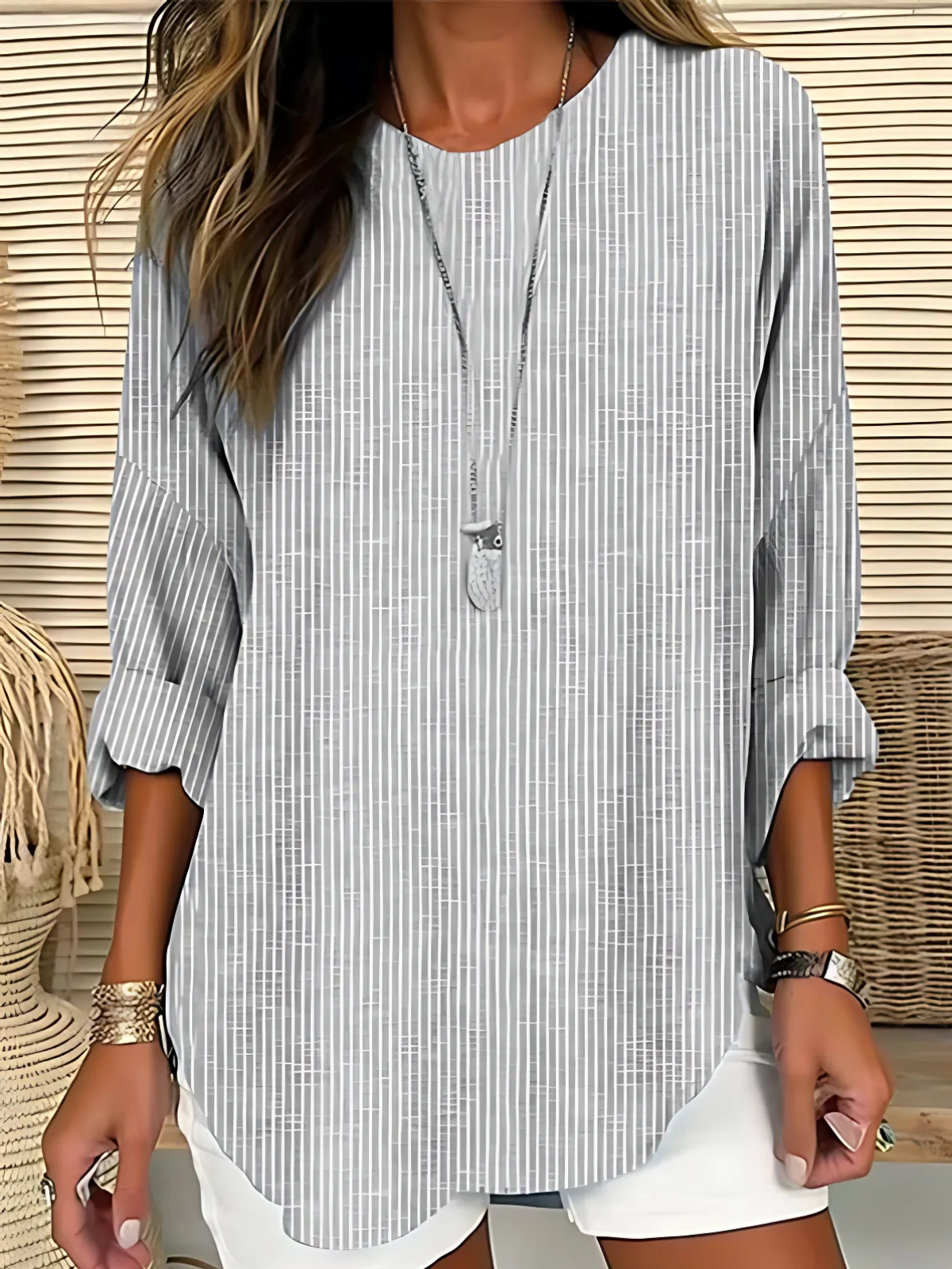 Carolina | Blusa de Riscas Verticais Mulher Manga Comprida Gola Redonda