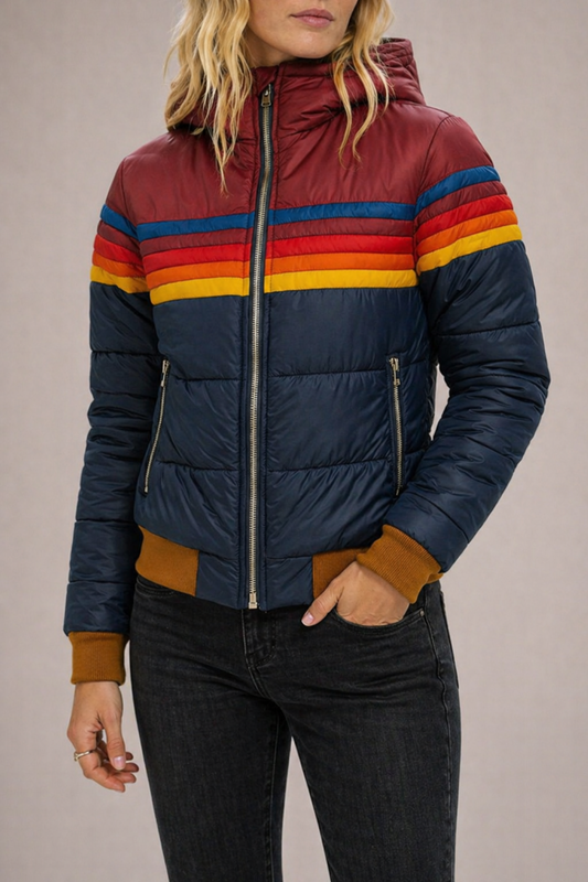 Carolina | Casaco Acolchoado Bomber Mulher Riscas Retro com Capuz