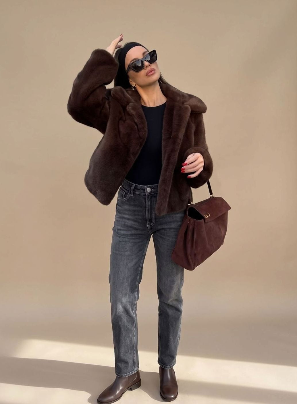 Marlowe | Women's Cropped Faux Fur Coat Lapel Collar Fluffy Jacket