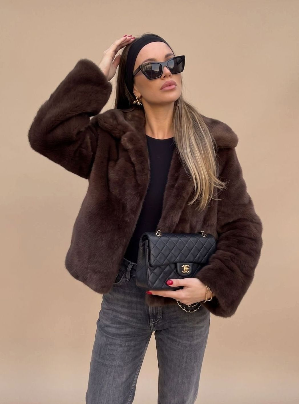 Marlowe | Women's Cropped Faux Fur Coat Lapel Collar Fluffy Jacket