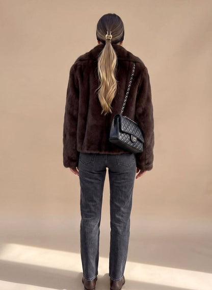 Marlowe | Women's Cropped Faux Fur Coat Lapel Collar Fluffy Jacket