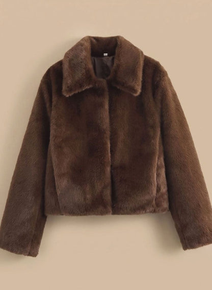 Marlowe | Women's Cropped Faux Fur Coat Lapel Collar Fluffy Jacket