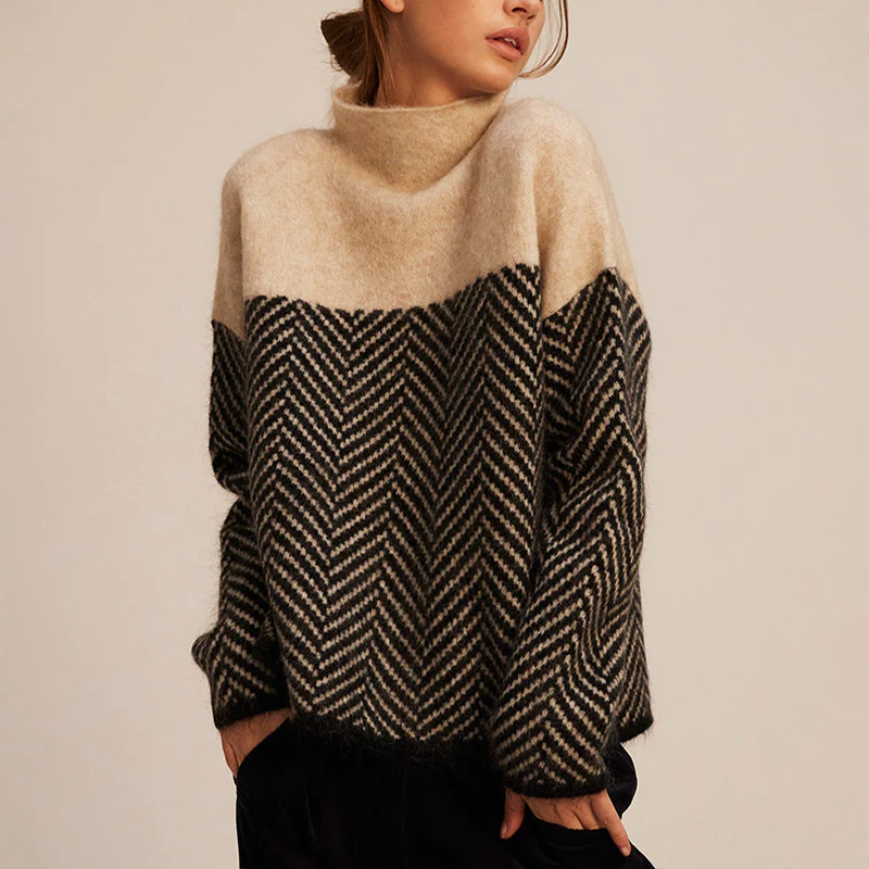 Catarina | Camisola de Lã Mulher Gola Alta Padrão Chevron Oversize