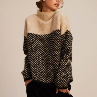 Catarina | Camisola de Lã Mulher Gola Alta Padrão Chevron Oversize
