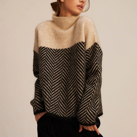 Catarina | Camisola de Lã Mulher Gola Alta Padrão Chevron Oversize