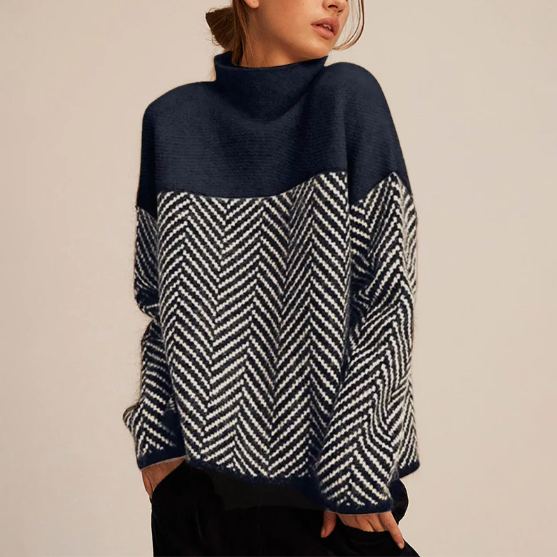 Catarina | Camisola de Lã Mulher Gola Alta Padrão Chevron Oversize