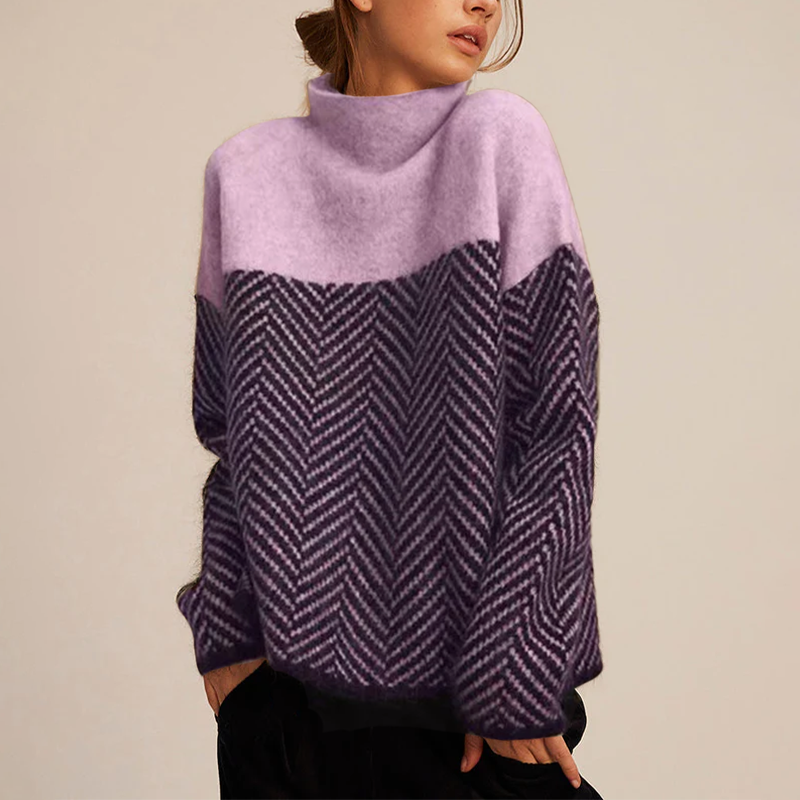 Catarina | Camisola de Lã Mulher Gola Alta Padrão Chevron Oversize