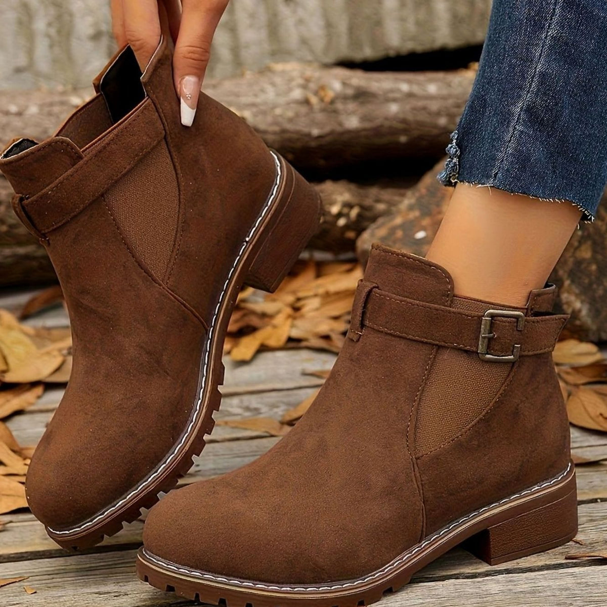 Petra | Women's Suede Buckle Chelsea Boots Block Heel Ankle
