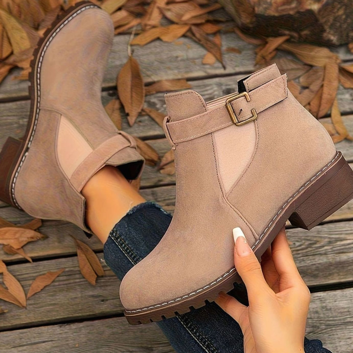 Petra | Women's Suede Buckle Chelsea Boots Block Heel Ankle