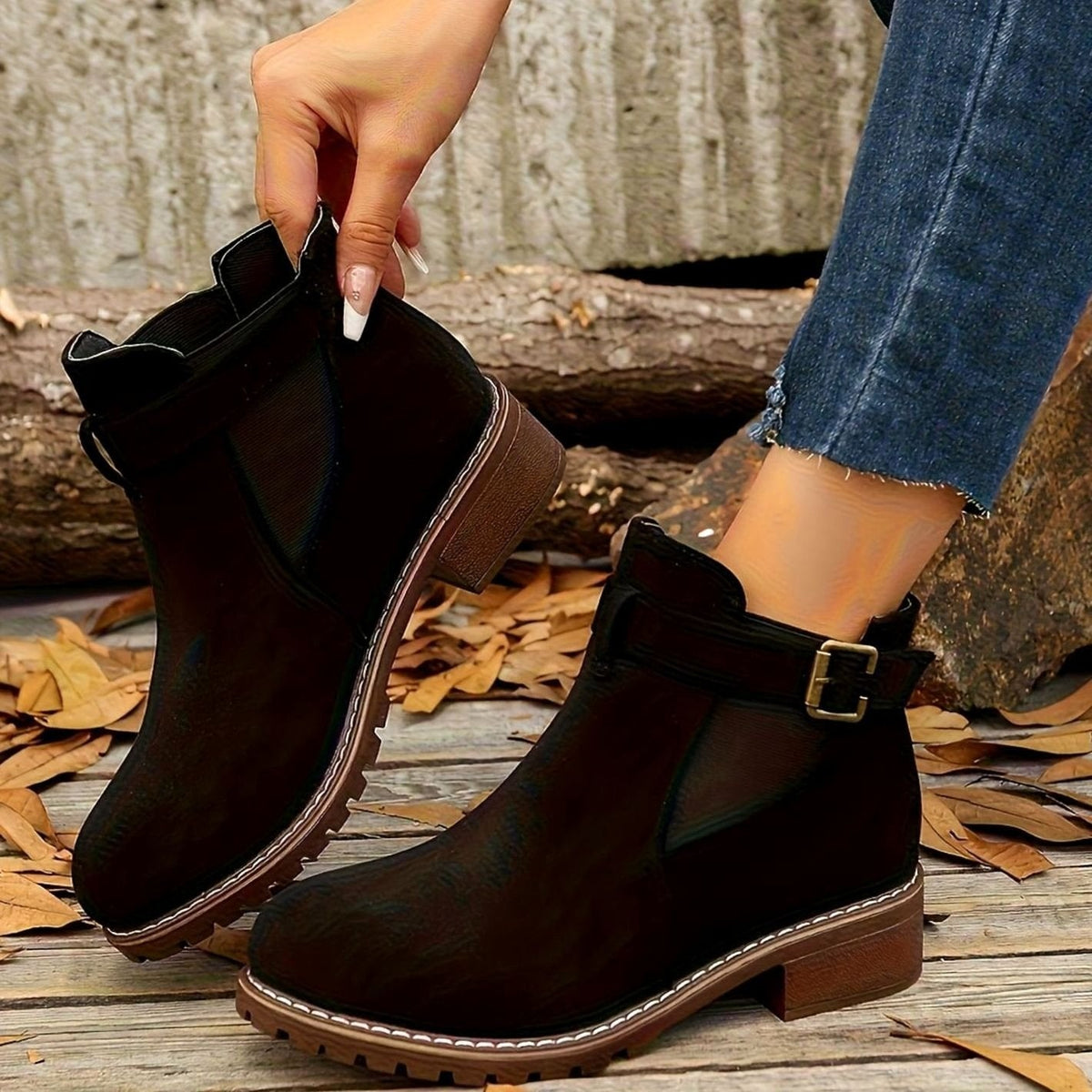 Petra | Women's Suede Buckle Chelsea Boots Block Heel Ankle