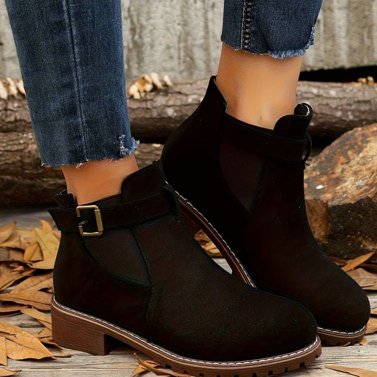 Petra | Women's Suede Buckle Chelsea Boots Block Heel Ankle