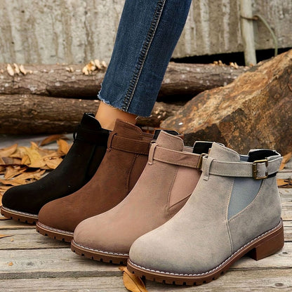 Petra | Women's Suede Buckle Chelsea Boots Block Heel Ankle