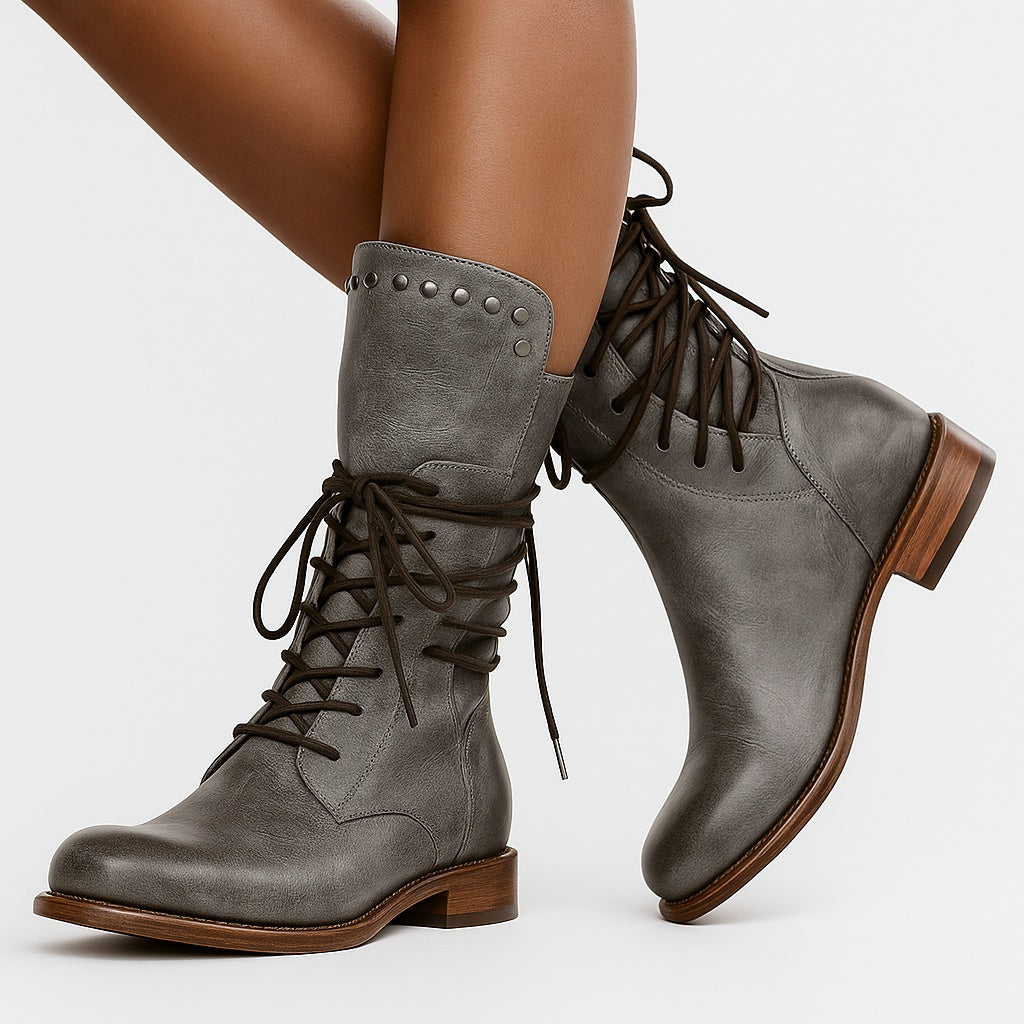 Constança | Botas Militares de Couro Mulher Cano Médio com Atacadores