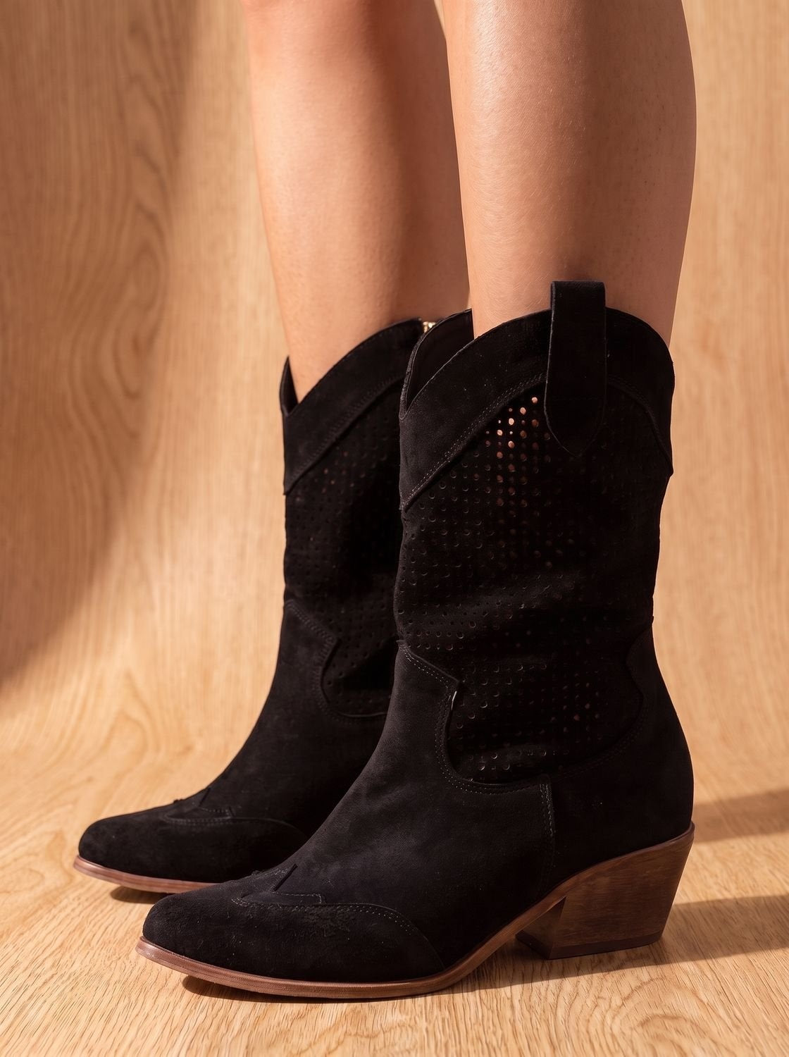 Mallory | Women's Perforated Suede Western Cowboy Boots Block Heel
