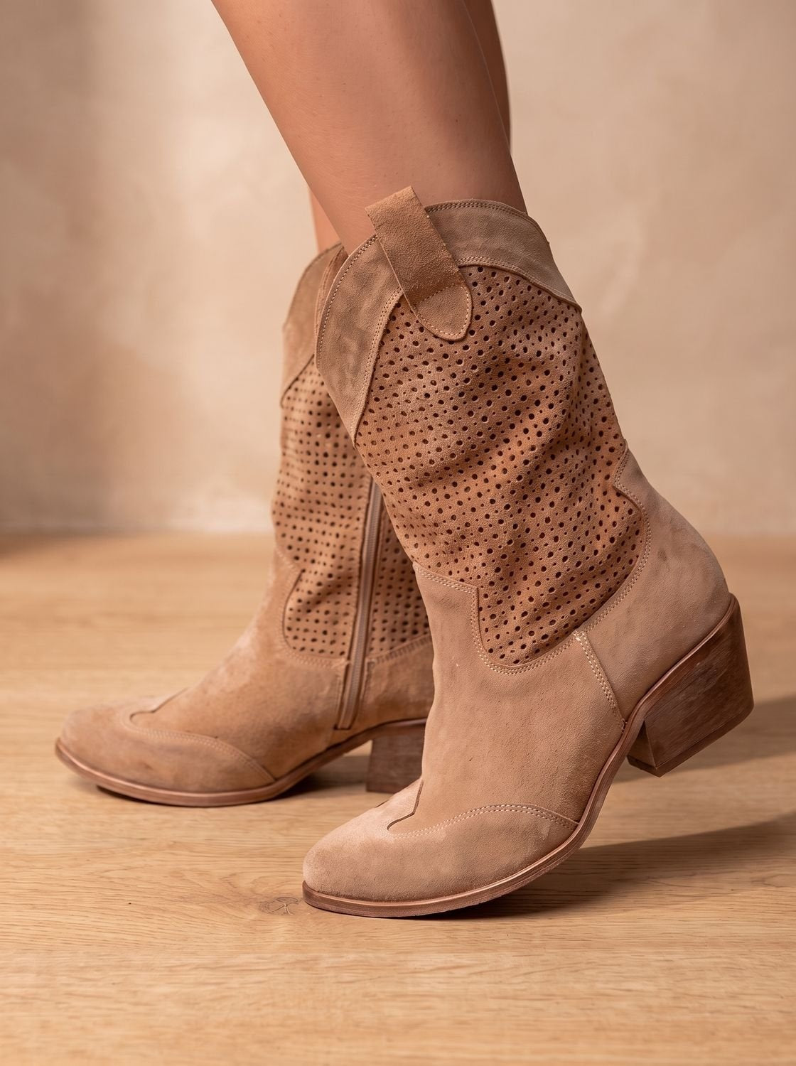 Mallory | Women's Perforated Suede Western Cowboy Boots Block Heel