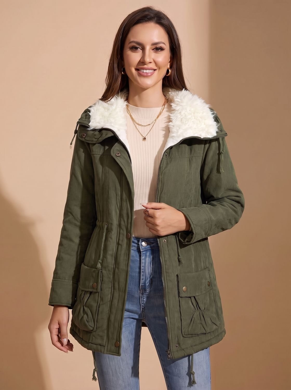Cristina | Parka Acolchoada Mulher Gola de Pelo com Cordão