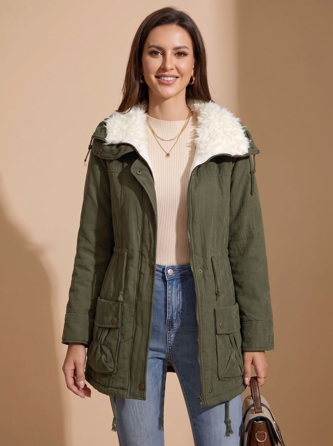 Cristina | Parka Acolchoada Mulher Gola de Pelo com Cordão
