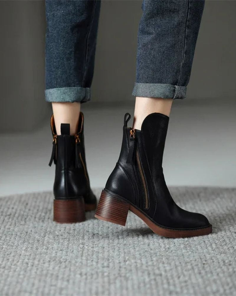 Daniela | Botins de Couro Mulher Salto Bloco com Fecho