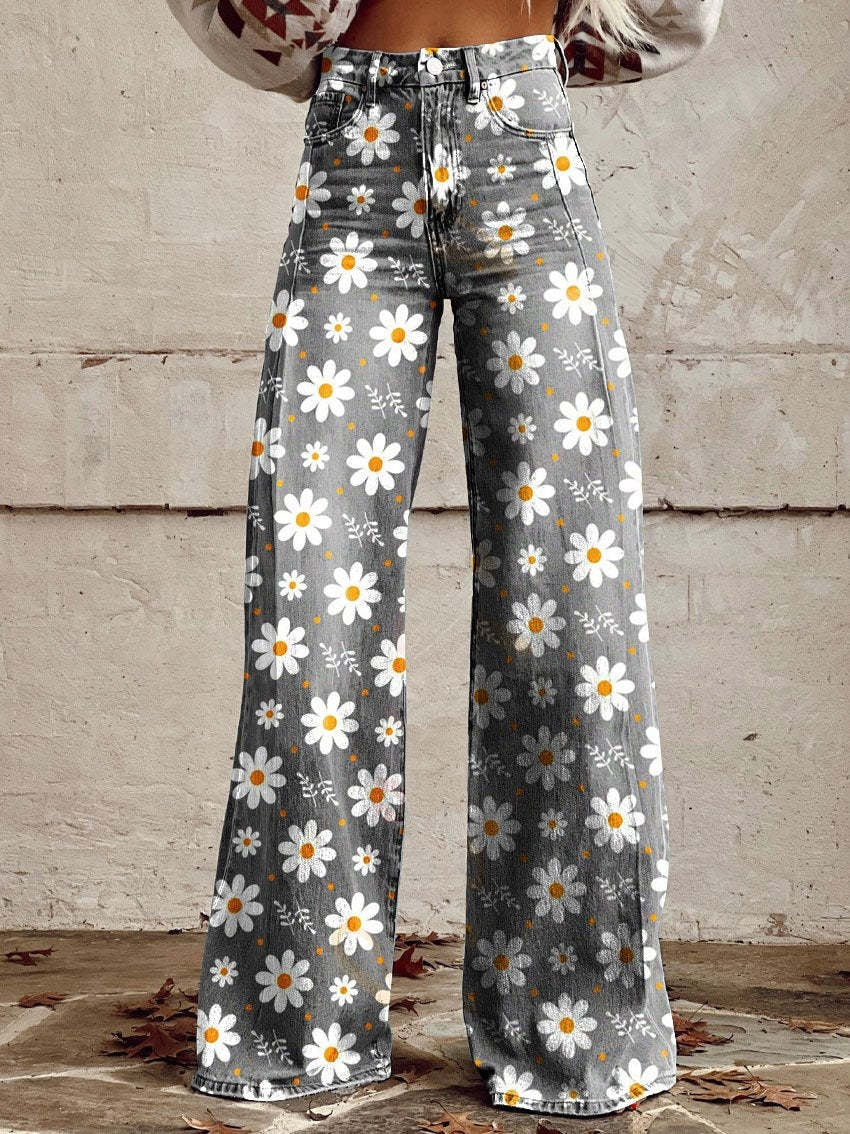 Daniela | Calças Wide Leg Estampado Floral Mulher Cintura Alta