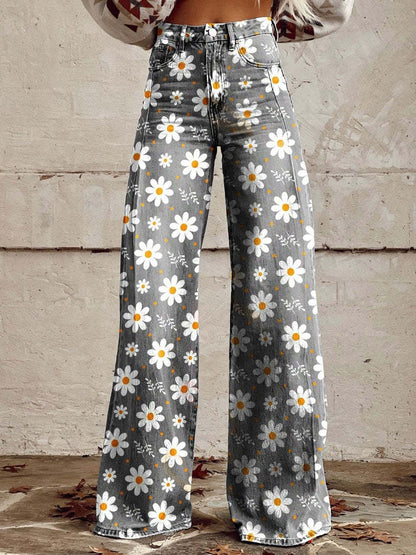 Daniela | Calças Wide Leg Estampado Floral Mulher Cintura Alta