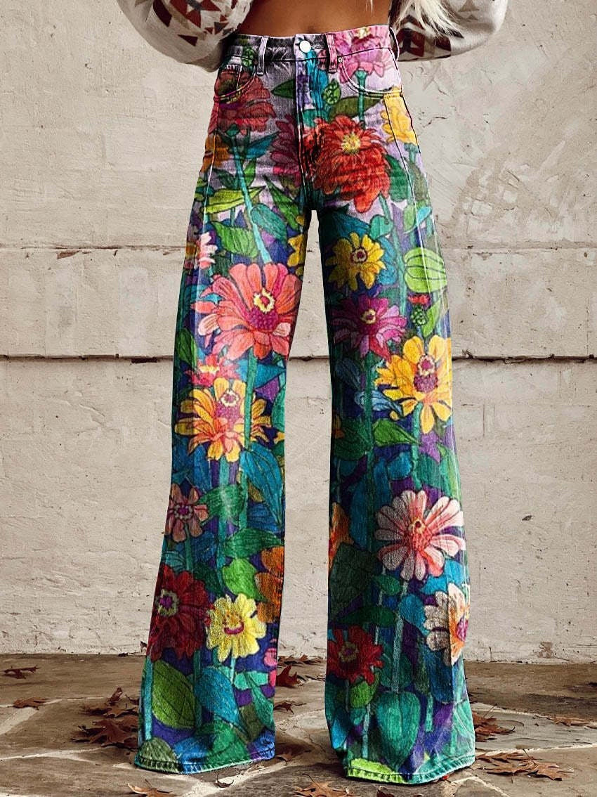 Daniela | Calças Wide Leg Estampado Floral Mulher Cintura Alta