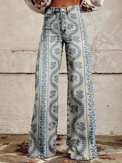 Daniela | Calças Wide Leg Estampado Floral Mulher Cintura Alta