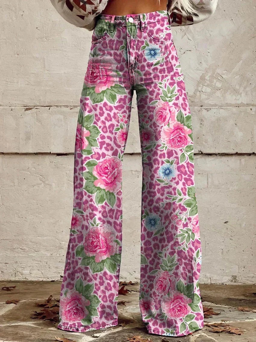 Daniela | Calças Wide Leg Estampado Floral Mulher Cintura Alta