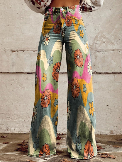 Daniela | Calças Wide Leg Estampado Floral Mulher Cintura Alta