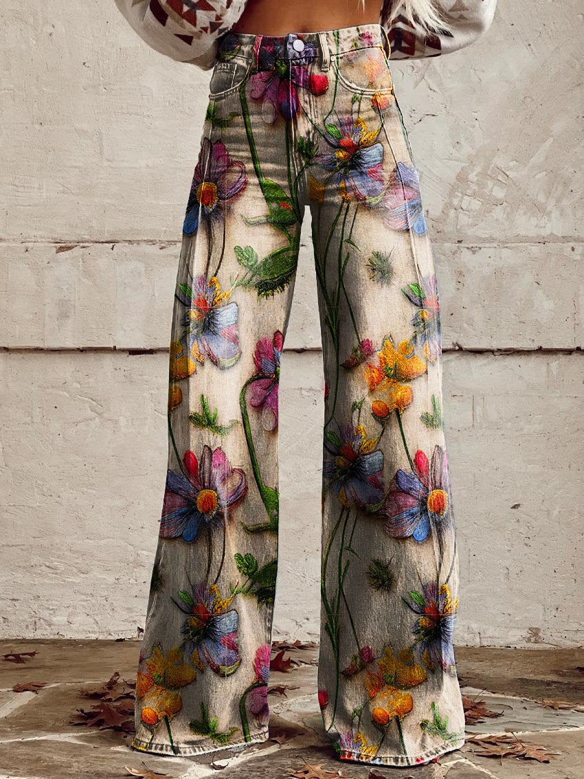 Daniela | Calças Wide Leg Estampado Floral Mulher Cintura Alta