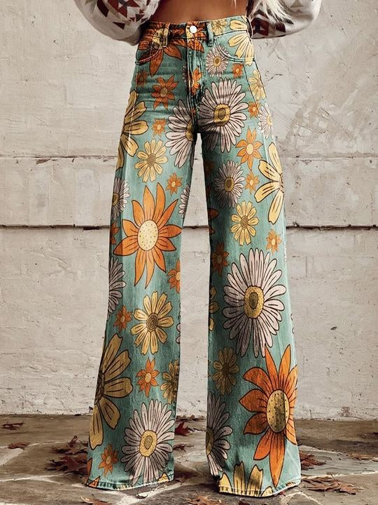 Daniela | Calças Wide Leg Estampado Floral Mulher Cintura Alta