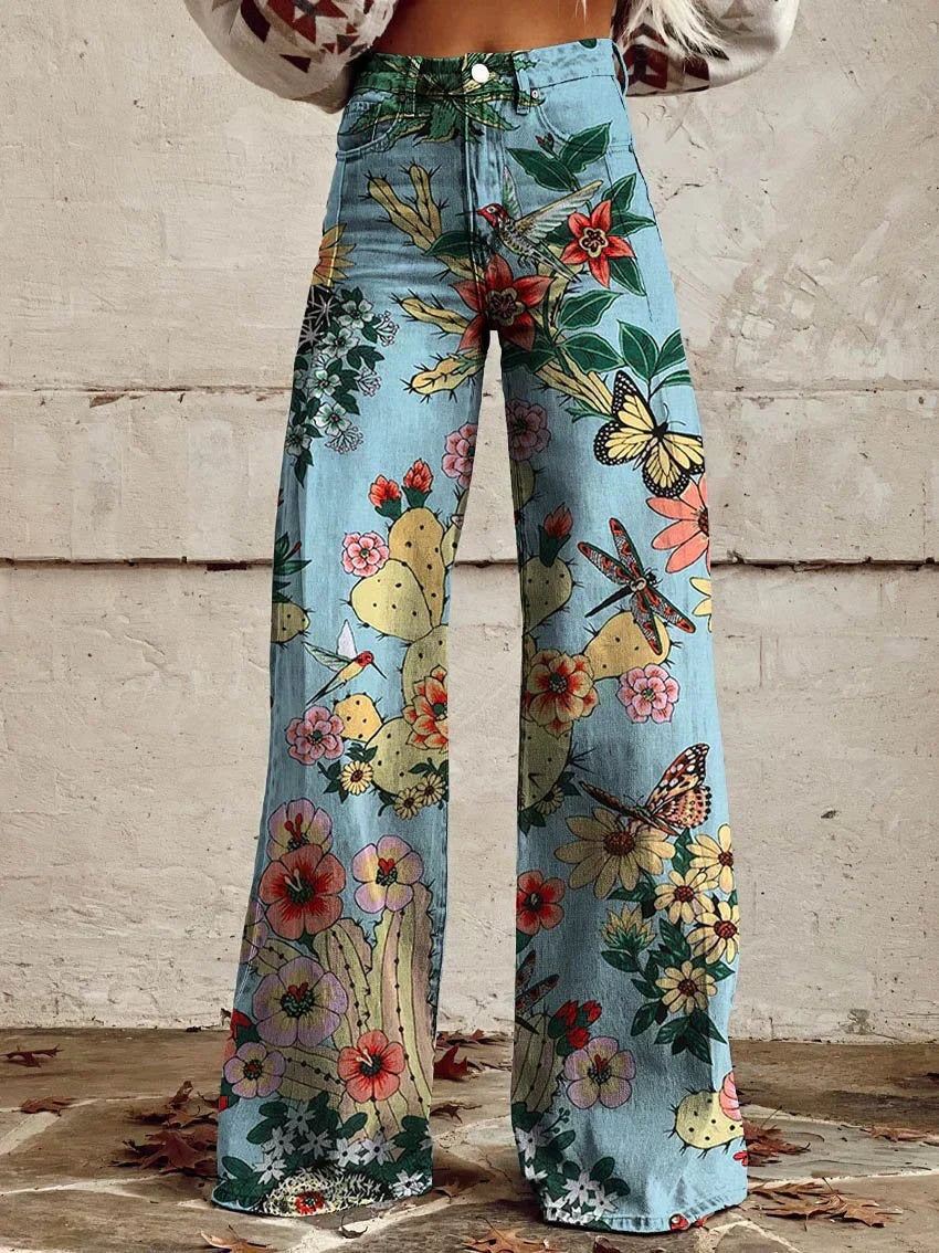 Daniela | Calças Wide Leg Estampado Floral Mulher Cintura Alta