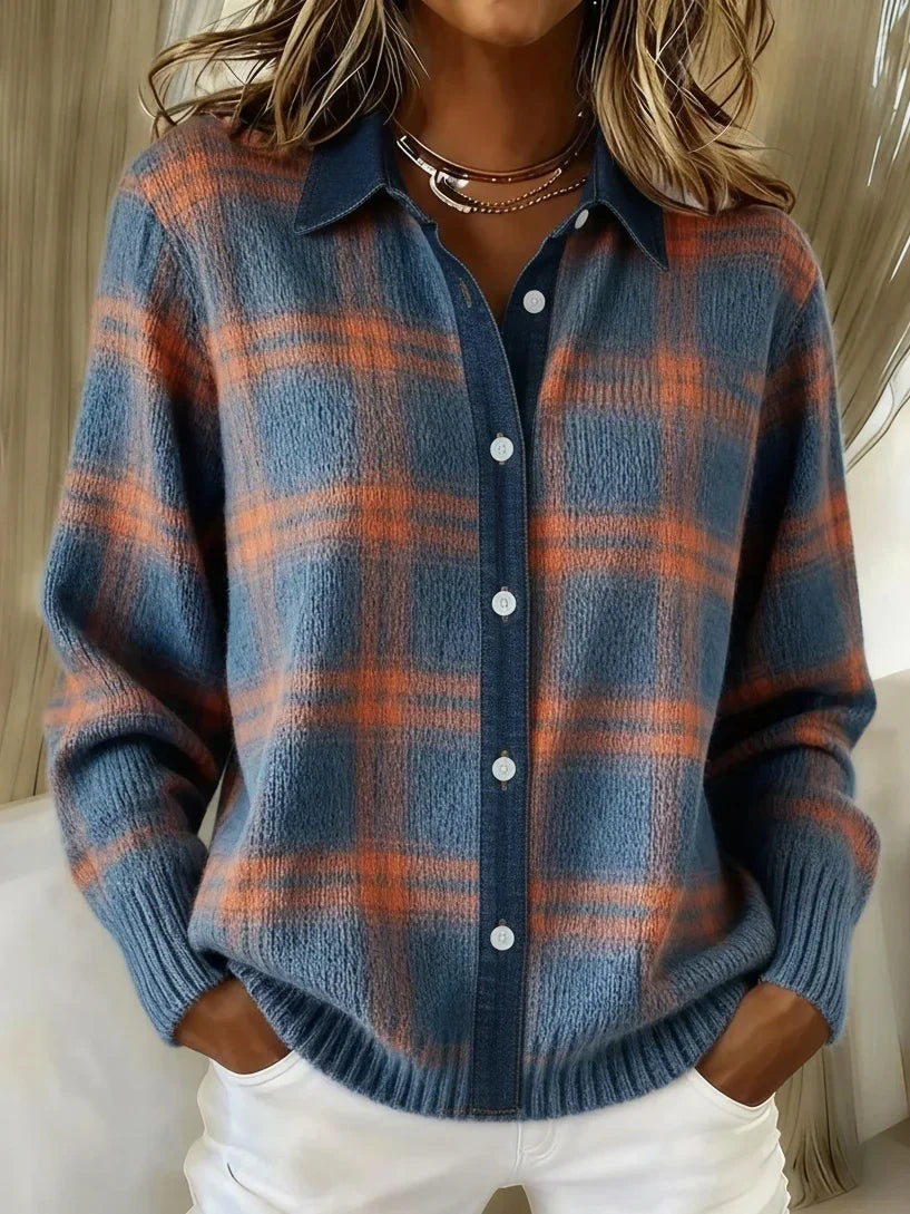 Daniela | Cardigan de Malha Xadrez Mulher Manga Comprida Botões